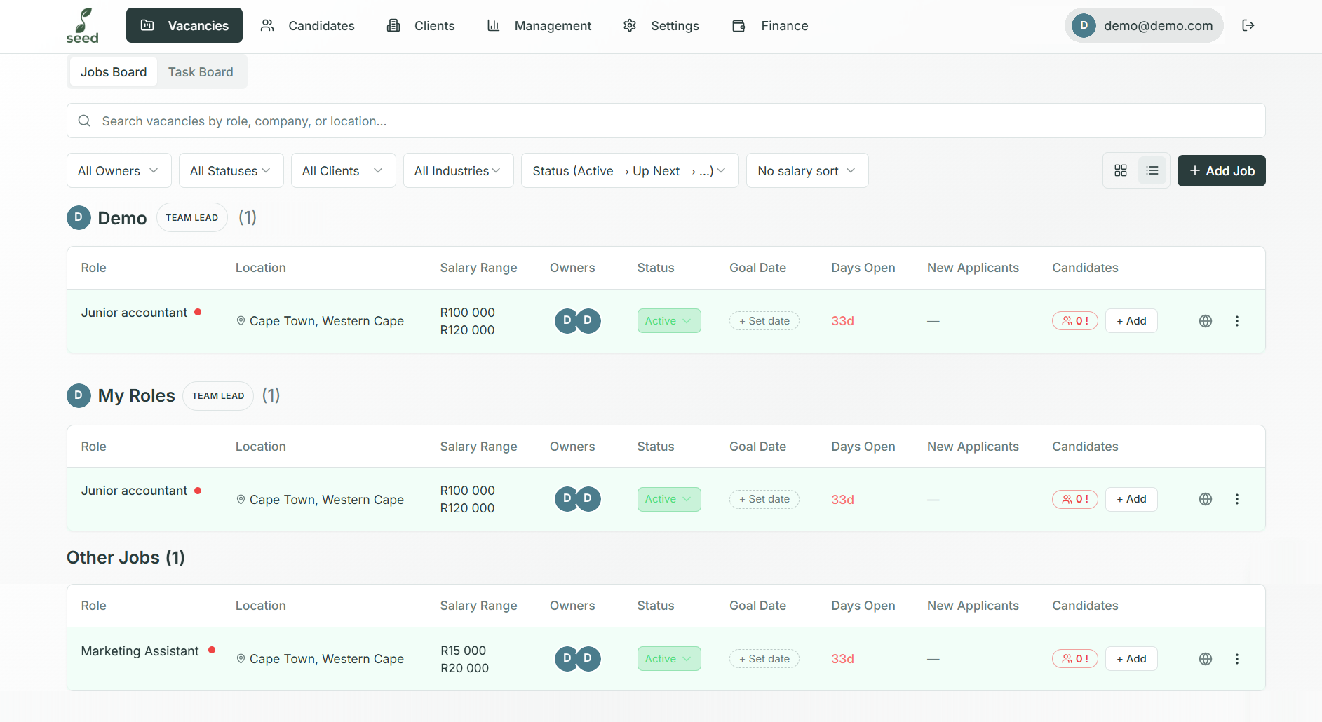 The Seed vacancies board showing live roles, owners, status and candidate counts